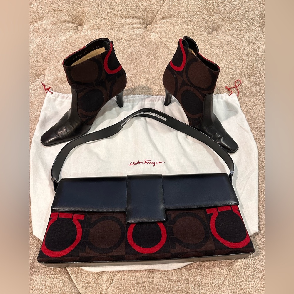 Matching boots plus purse, black and red